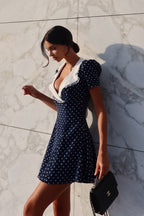 Vintage Lace Trim Polka Dot V-Neck Fitted Mini Dress