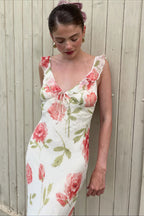 Floral Print Mesh V Neck Cami Midi Dress