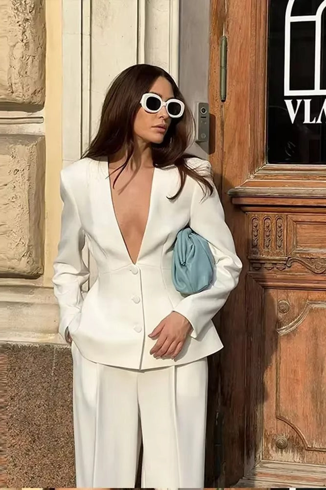 White Deep V-Neck Blazer Pants Office Two Piece Set