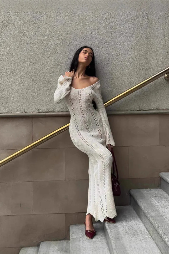 V-Neck Knitted Dress With Flared Sleeves & Hollow Hip-Wrap Maxi