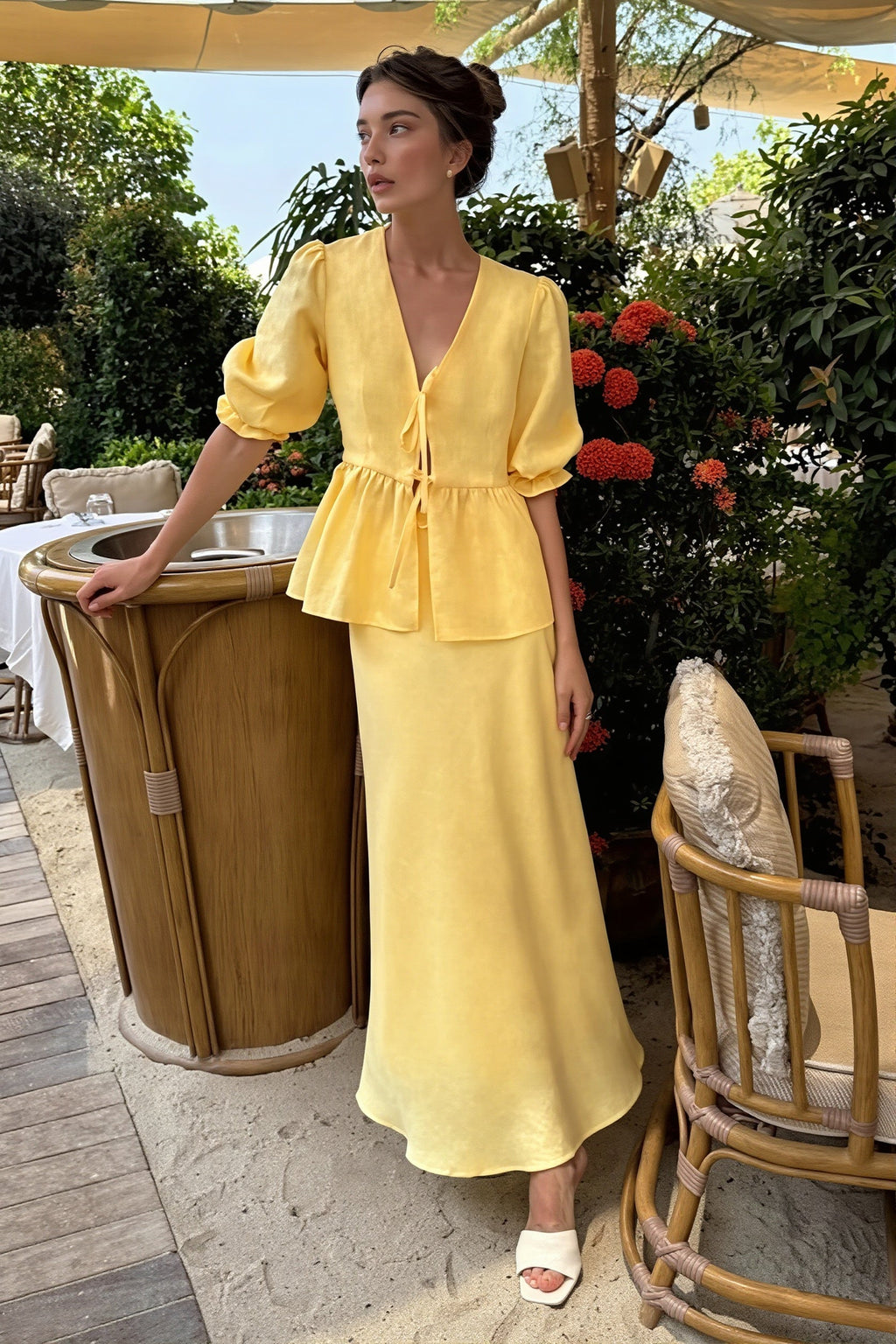 V Neck Short Sleeve Ruffle Hem Skirt Sets