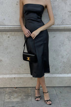 Faux Leather Strapless Bodycon Dress With Split Party
