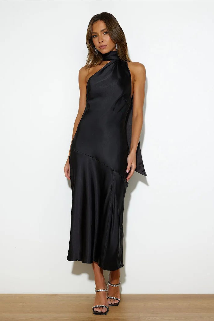 Satin Slit Hem Backless Midi Dress