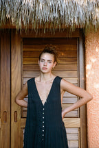 Solid Chiffon V Neck Button Swing Maxi Dress