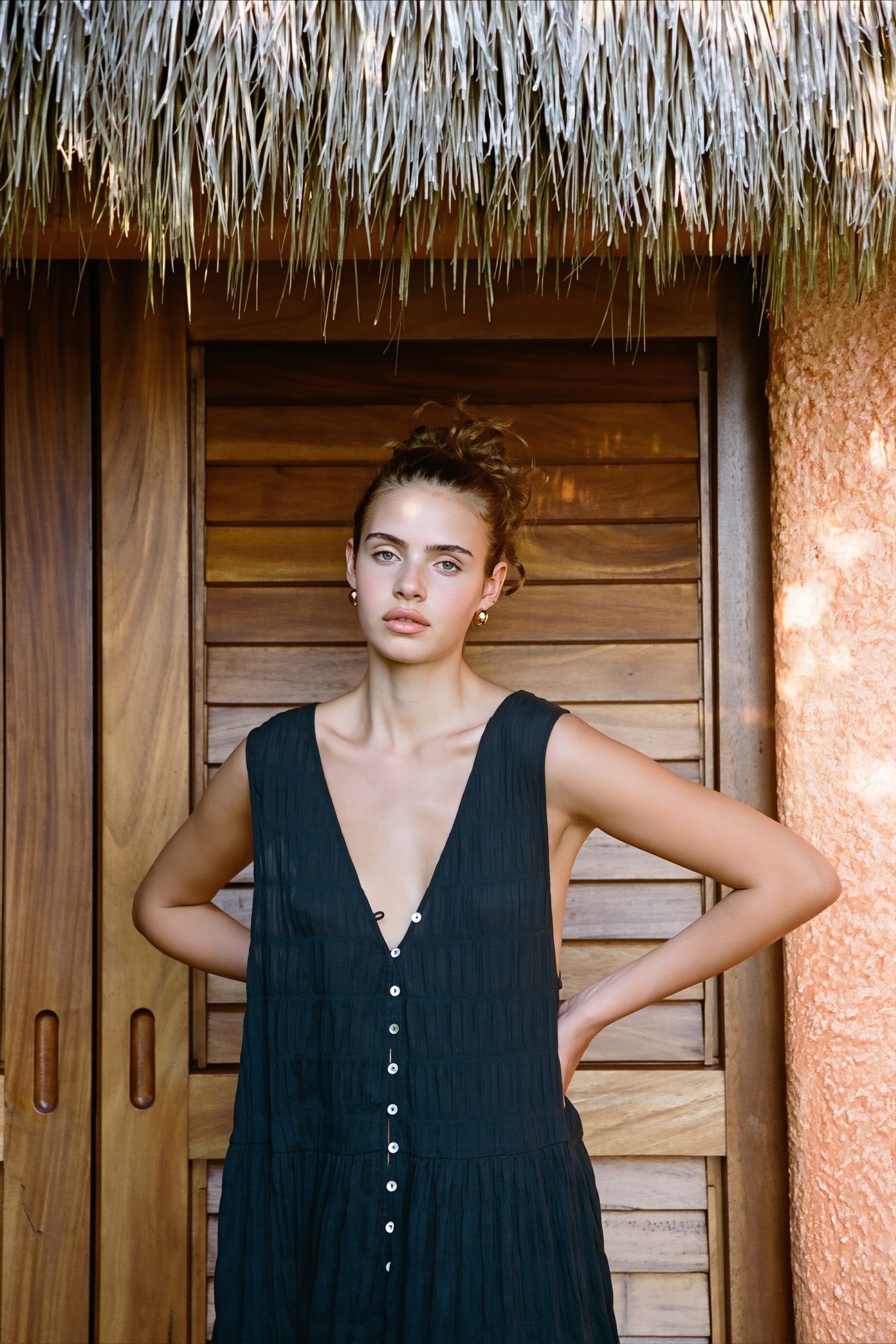 Solid Chiffon V Neck Button Swing Maxi Dress