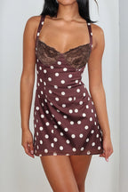 Polka Dot Spaghetti Strap V-Neck Ruffle A-Line Lace Mini Dress