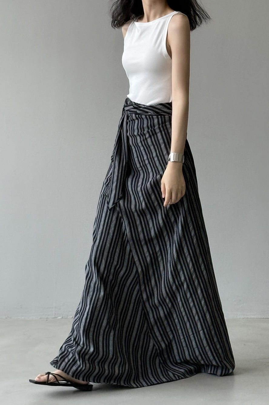 High Waist Striped Tie A Line Maxi Skirt