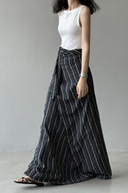 High Waist Striped Tie A Line Maxi Skirt
