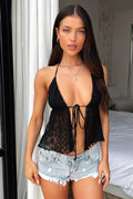 Tie Ruched Mesh Pleated Halter Top
