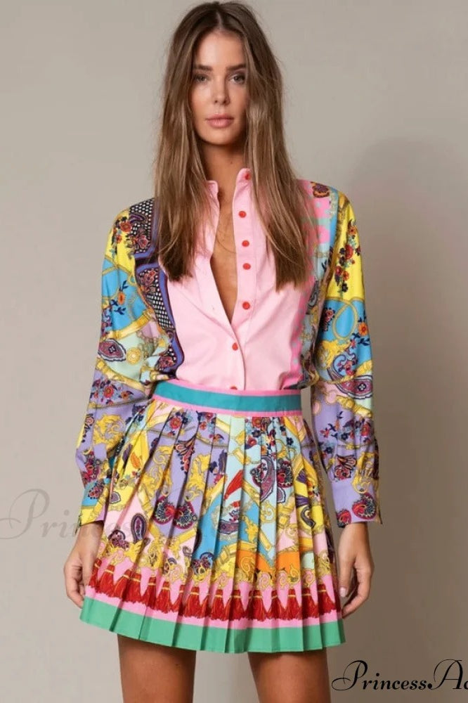 Floral Print Blouse And Pleated Skirt Set