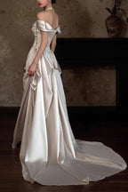 Off Shoulder Satin Train Reception Dress