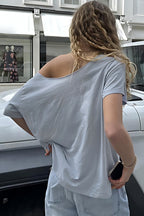 Casual Loose Number Print Off Shoulder Crew T-Shirt