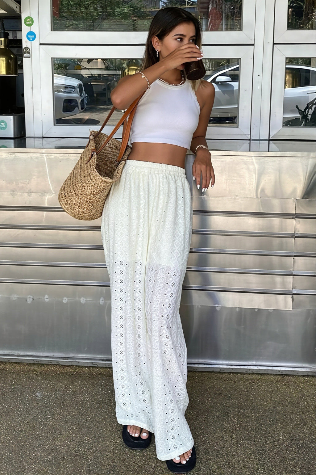 Solid Sheer Embroidery Drawstring Pants