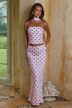 Pink Dot Halter Backless Low Rise Flared Maxi Skirt Sets