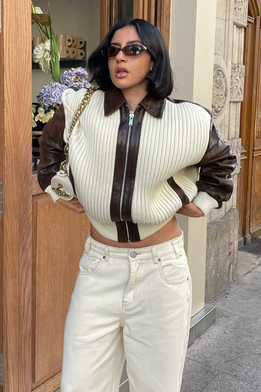 Long Sleeve Knit And Leather Jacket