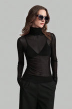 Stand Collar Solid Mesh Slim Fit Long Sleeve Tee