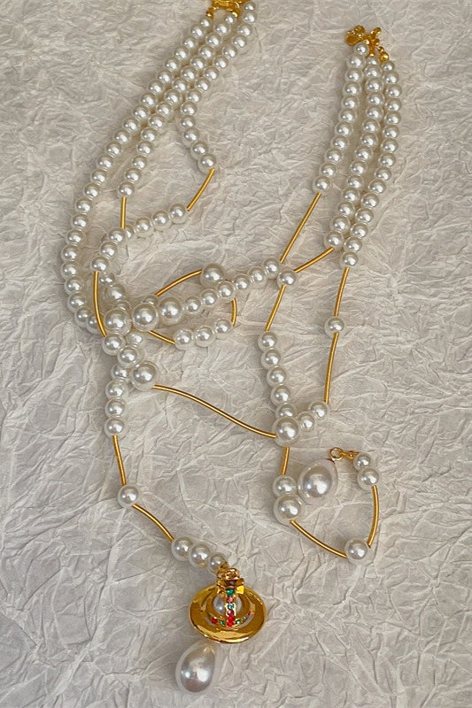 Broken Pearl Three Layer Tassel Saturn Necklace