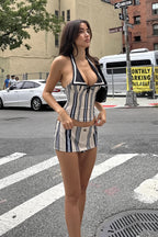 Digital Striped Halter Top Bodycon Mini Skirt Sets