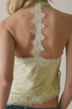 Jacquard Lace Tie Cropped Halter Top