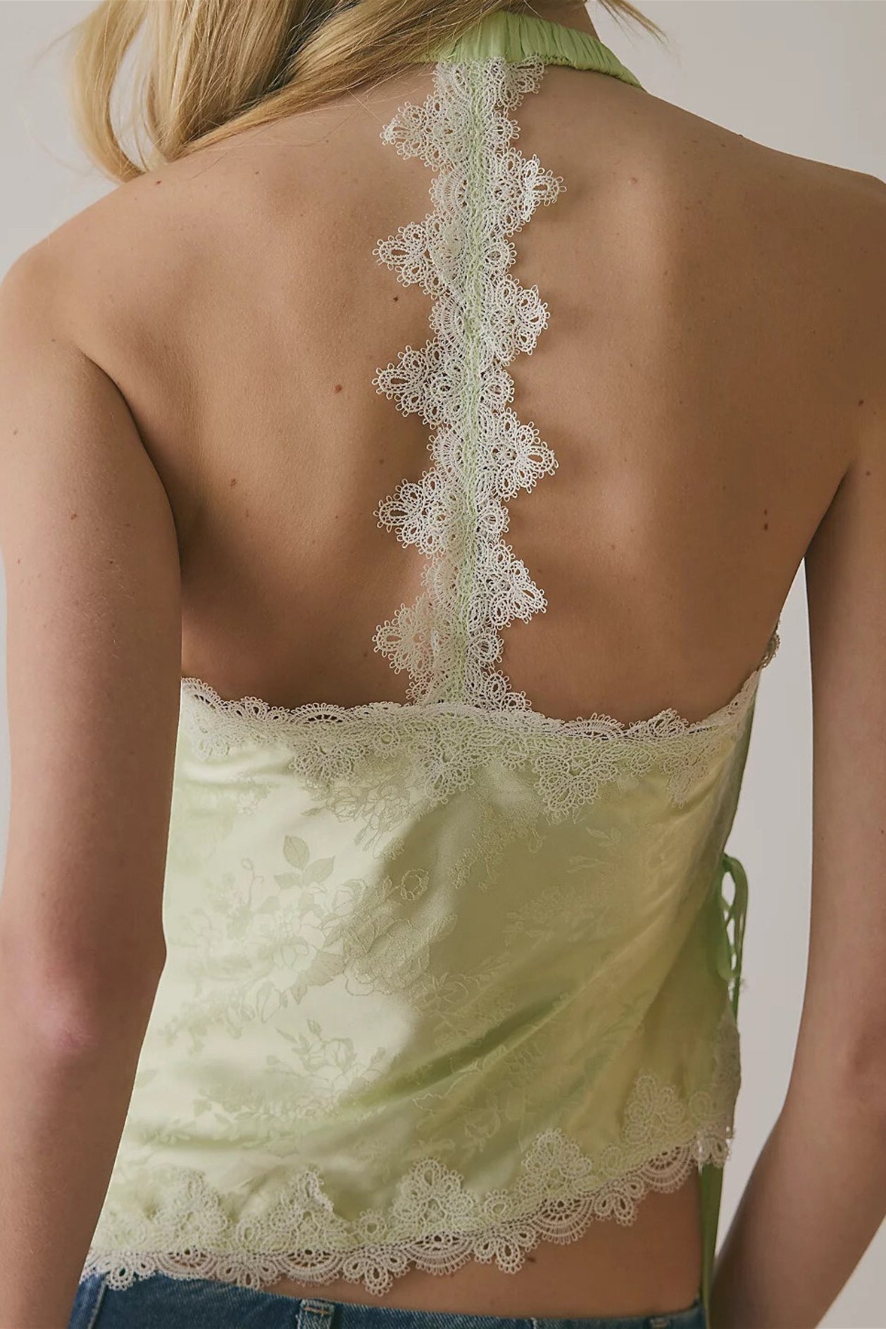 Jacquard Lace Tie Cropped Halter Top