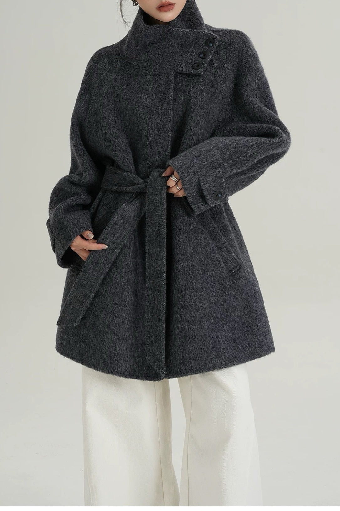 Solid Wool Warm Loose Mock-Neck Coat