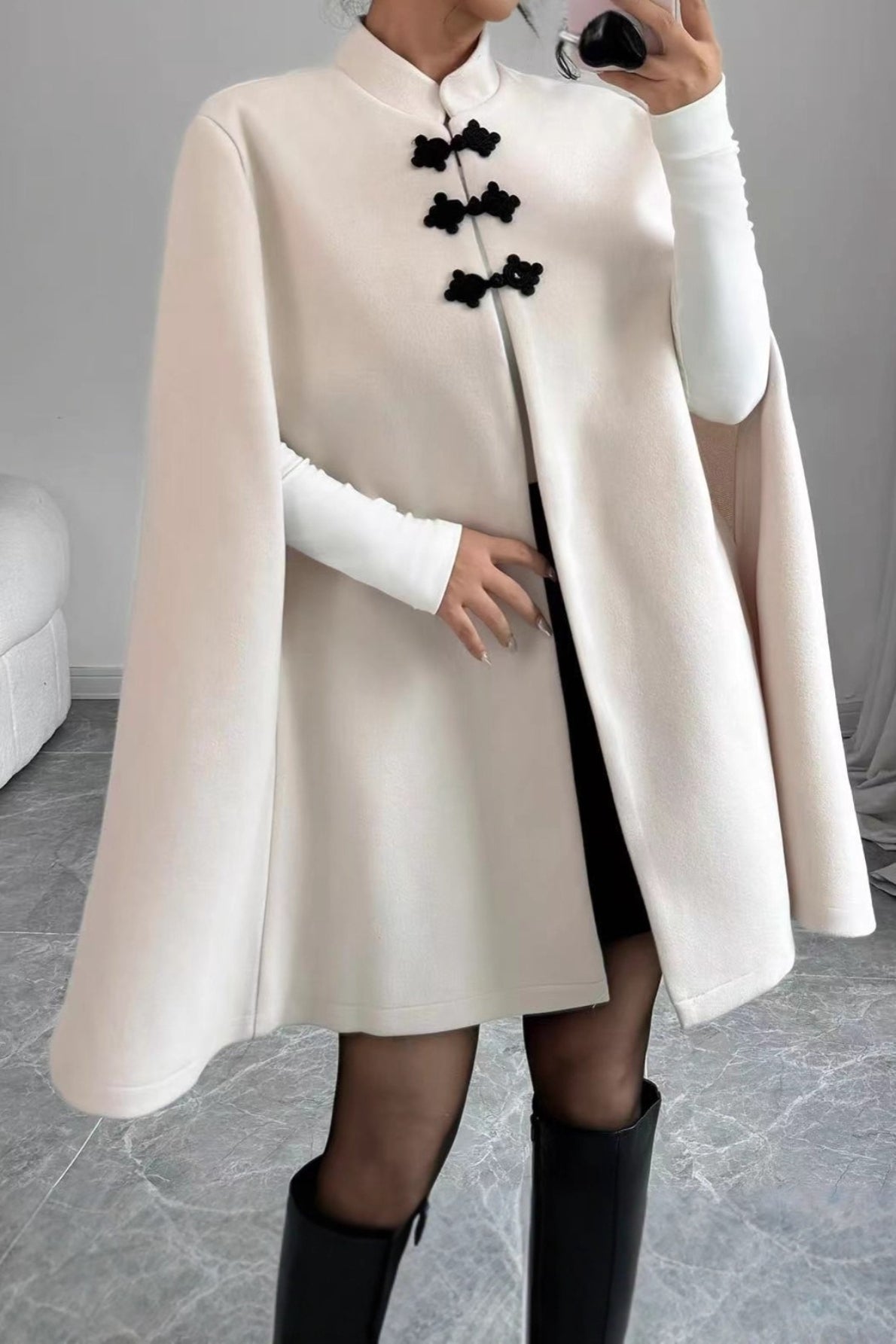 Trendy Color-Blocked Frog Clasp Cape Coat