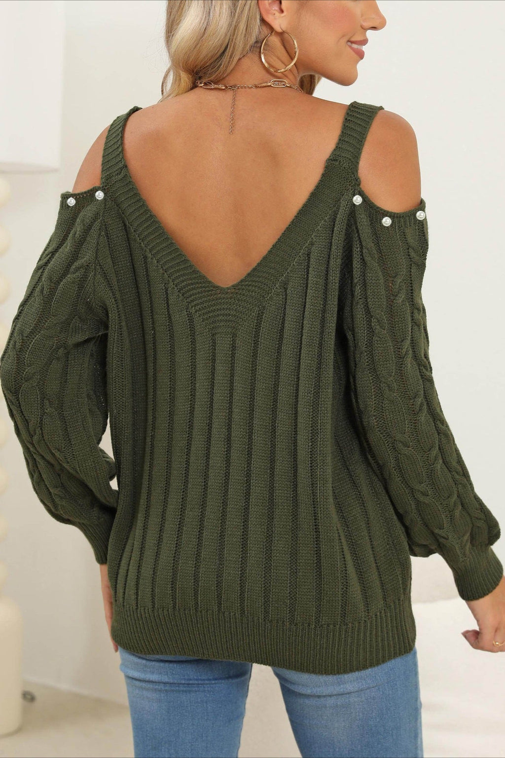 Deep V Off-Shoulder Loose Pullover Sweater