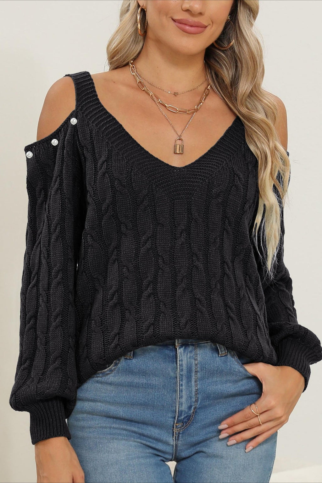 Deep V Off-Shoulder Loose Pullover Sweater