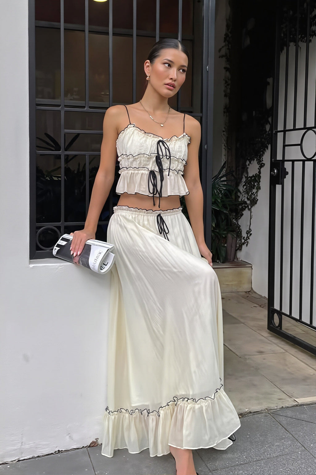 Elegant Satin Bow Cami Top Pleated Skirt Sets
