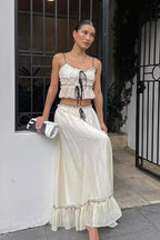 Elegant Satin Bow Cami Top Pleated Skirt Sets