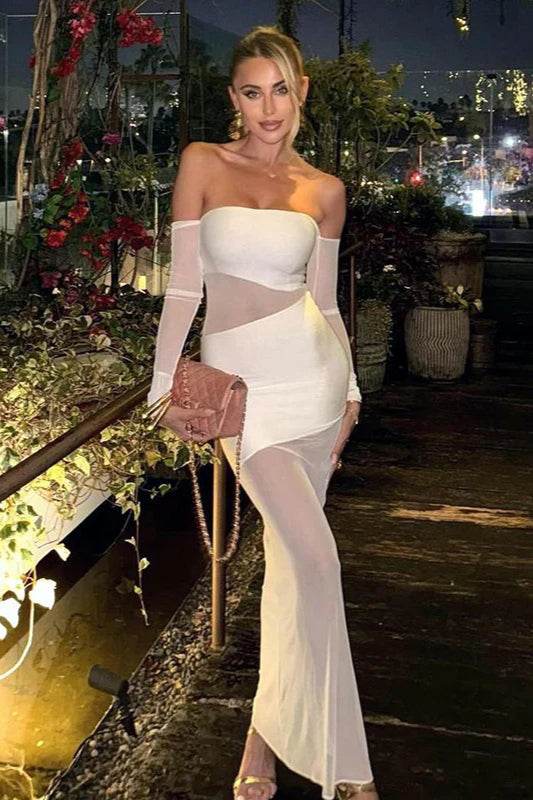 Elegant Fitted Mesh Panel Long Sleeve Bustier Party Dress