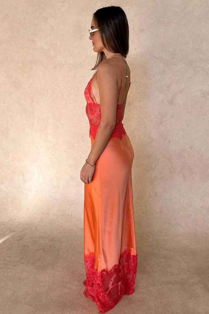Elegant Deep V Sheer Lace Patchwork Maxi Dress