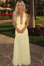Solid Mesh Patchwork Deep V Halter Maxi Dress