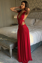 Lace Trim Halter Neck Open Back A Line Maxi Dress