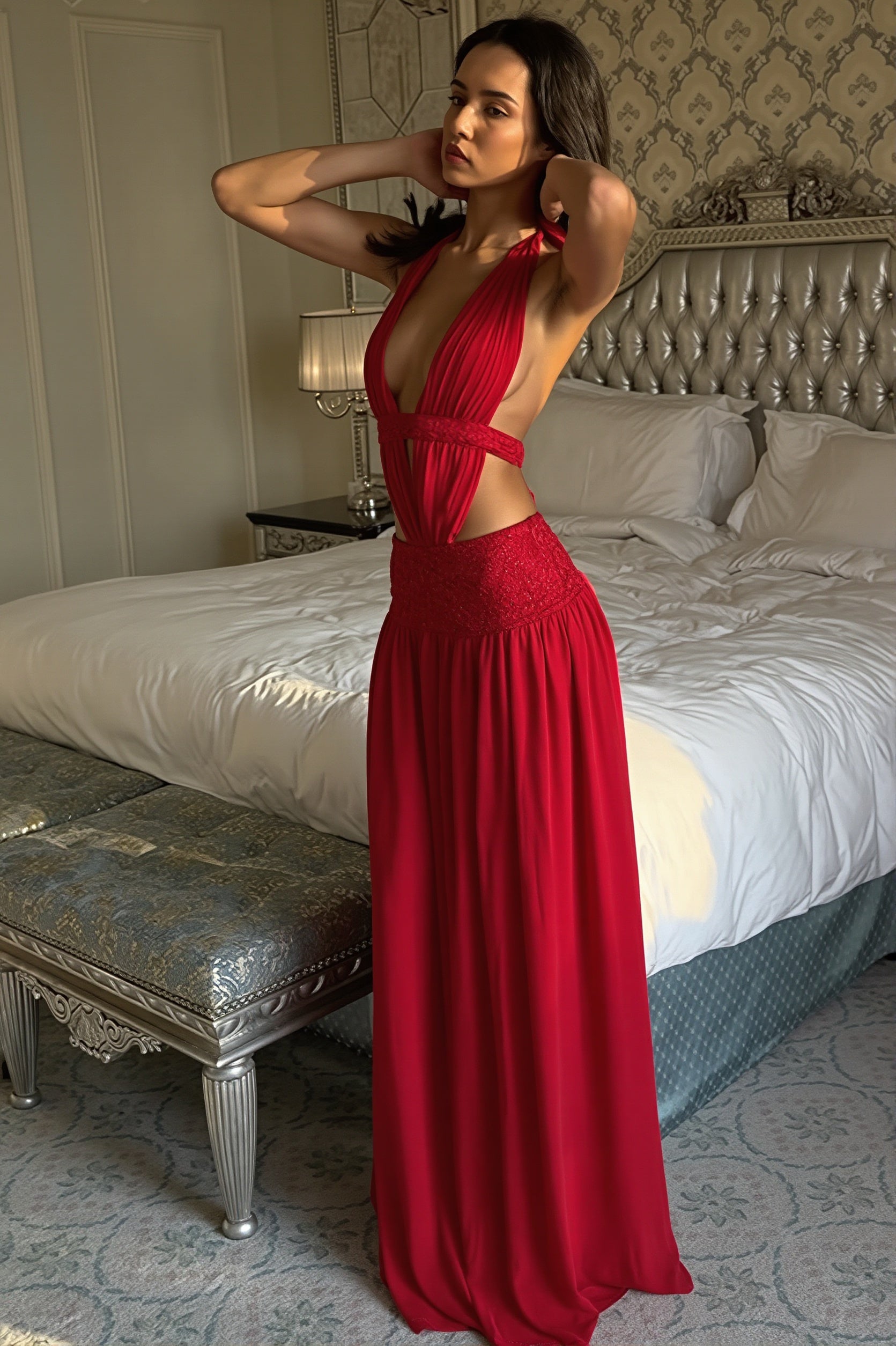 Lace Trim Halter Neck Open Back A Line Maxi Dress