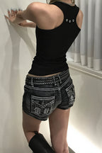 Retro Destroyed Embroidered Rivet Denim Shorts