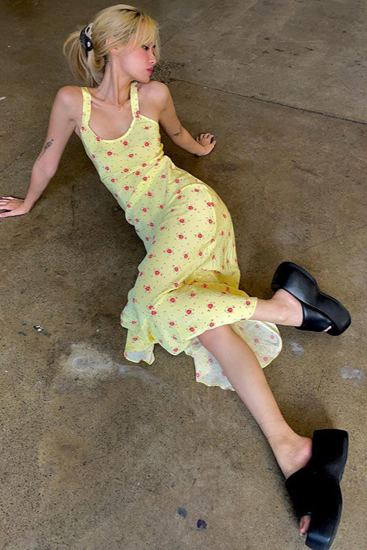 Floral Print Suspender Dress Long Fishtail Maxi