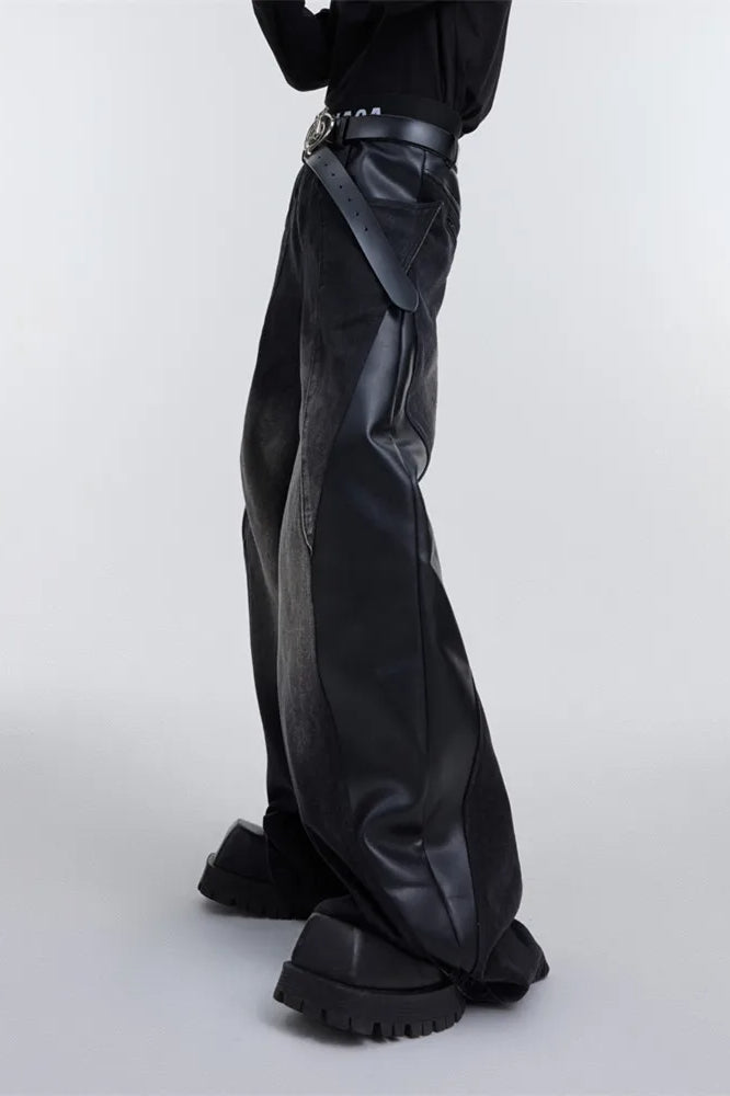 Wide Leg Pu Leather Patchwork Jeans