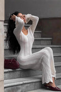 V-Neck Knitted Dress With Flared Sleeves & Hollow Hip-Wrap Maxi
