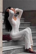 V-Neck Knitted Dress With Flared Sleeves & Hollow Hip-Wrap Maxi