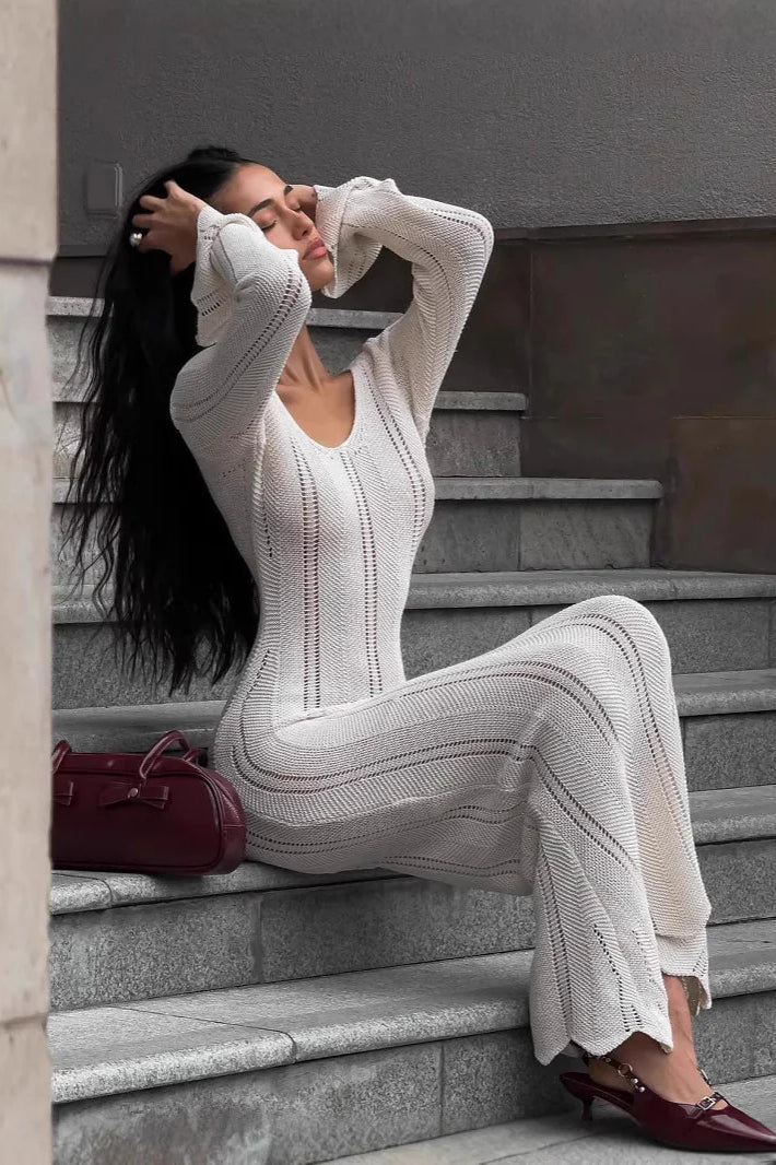 V-Neck Knitted Dress With Flared Sleeves & Hollow Hip-Wrap Maxi