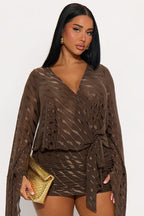 Wavy V Neck Backless Flared Mini Dress