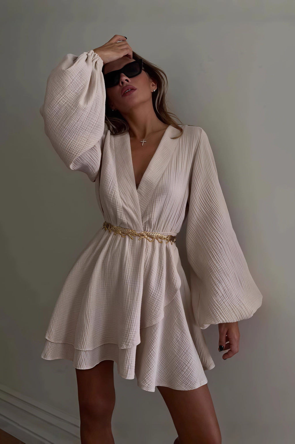Solid Color Waist Cinching Mini Dress