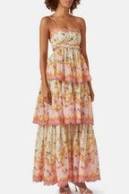 Tiered Spaghetti Strap Tassel Cutout Waist Embroidered Maxi Dress