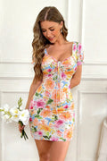 Square Neck Ruched Floral Bodycon Mini Dress