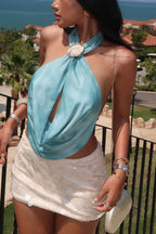 Solid Draped Shell Button Halter Top
