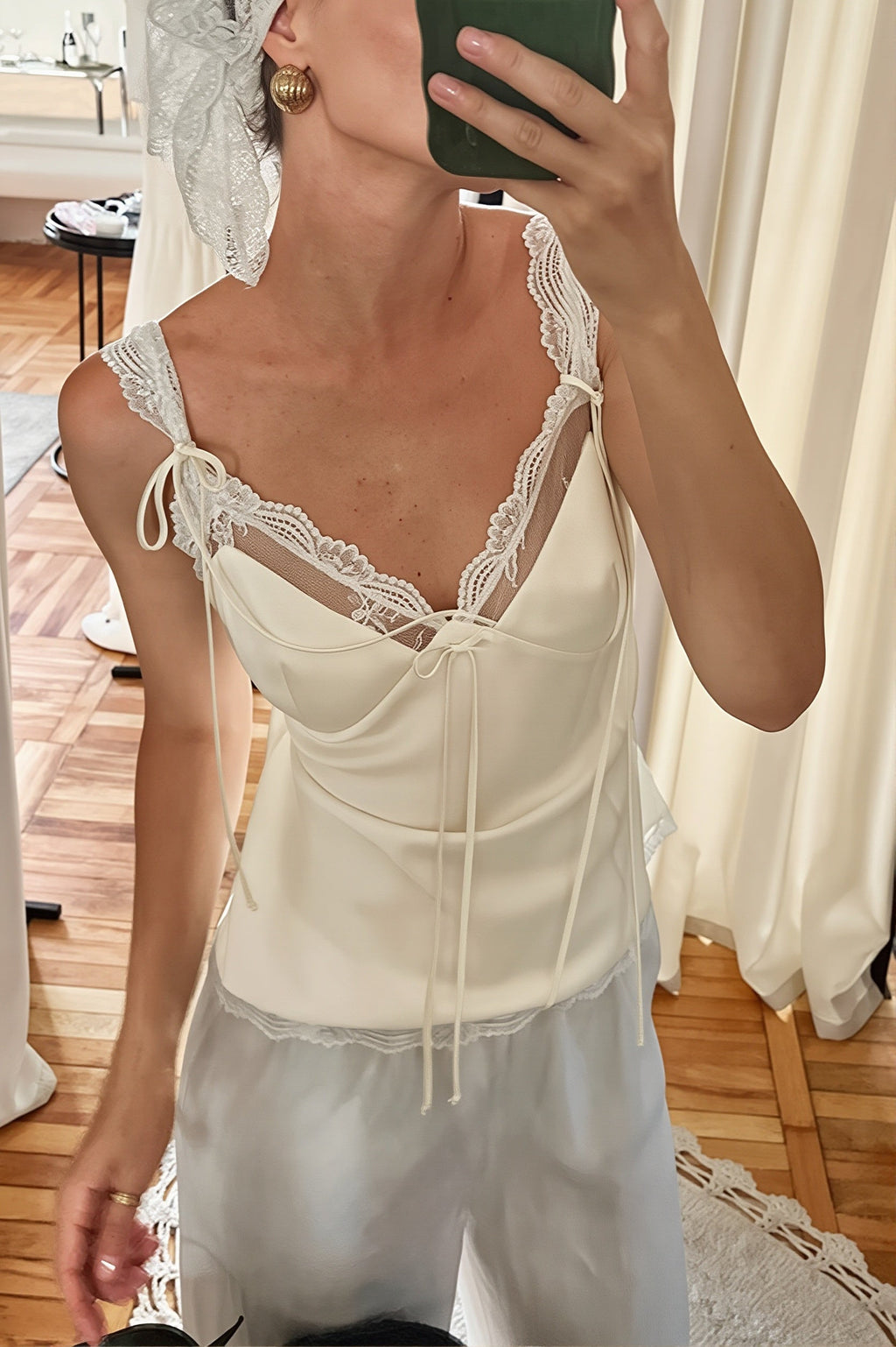 V Neck Lace Up Cinched Cami Top