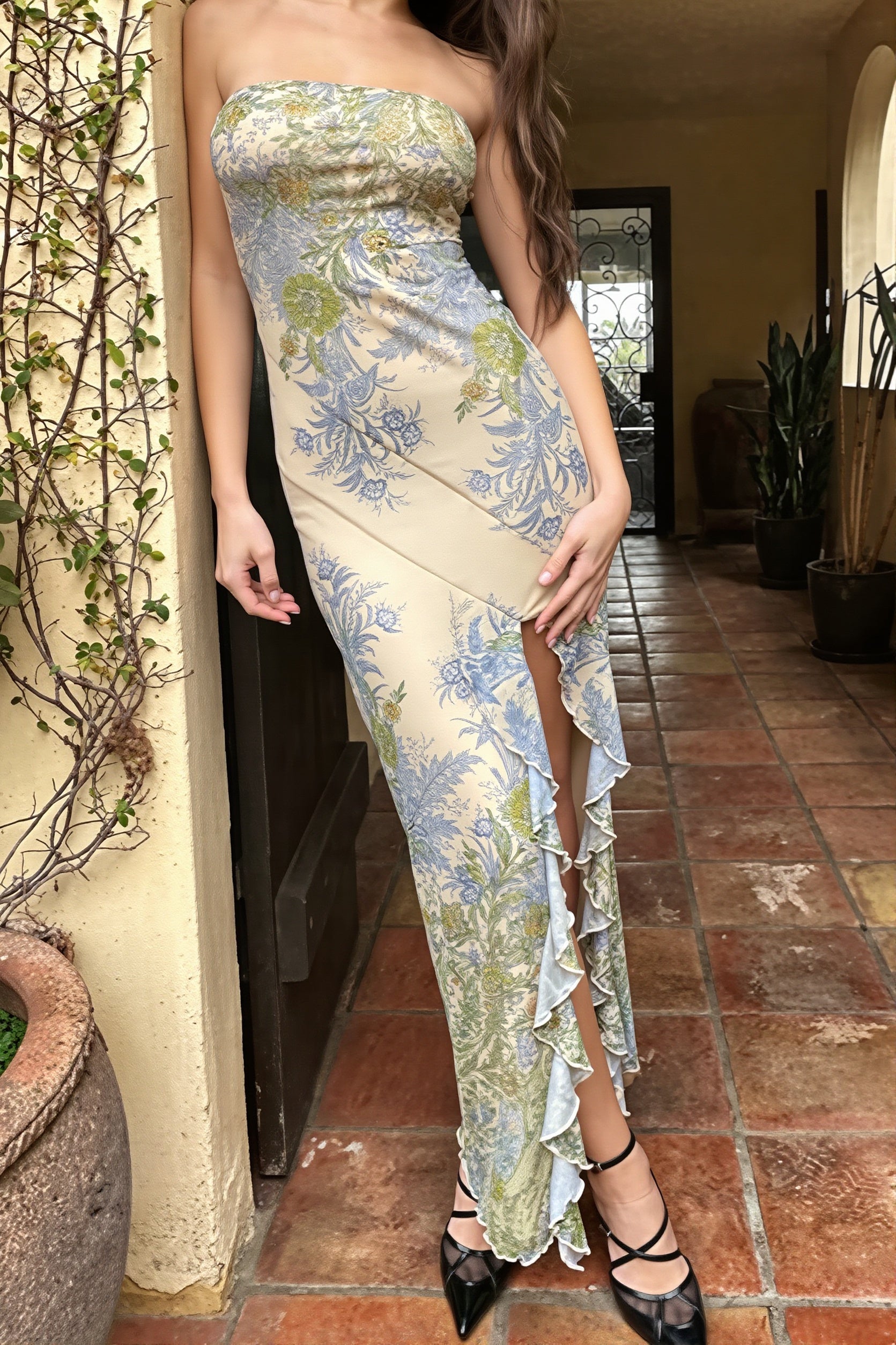 Mesh Print Split Bodycon Maxi Dress