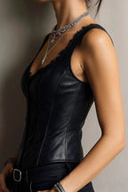 Pu Leather Lace Patch Slim Boned Tank Top