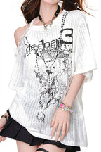 Asymmetric Lace Off Shoulder T‑Shirt